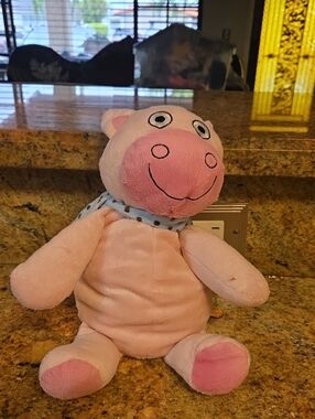 Plush Pink Pig Cuddly Toy with Blue Polka-Dot Scarf